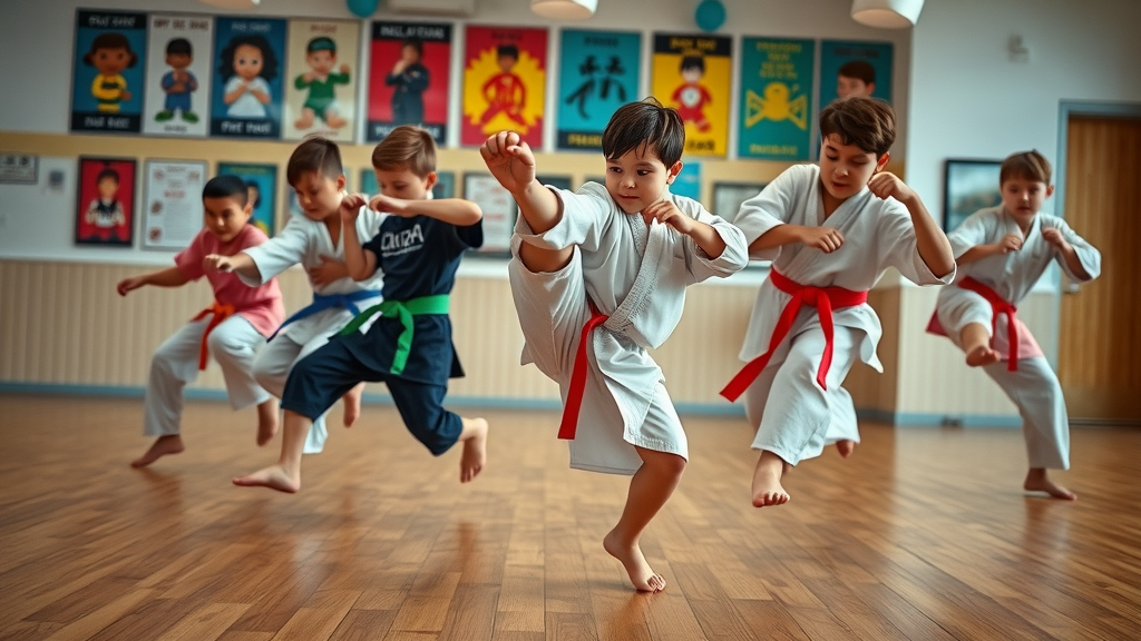 Energetic kids performing kicks, punches, stretching in a cinematic, sunlit martial arts studio in Lake County with motivational posters and vivid uniforms