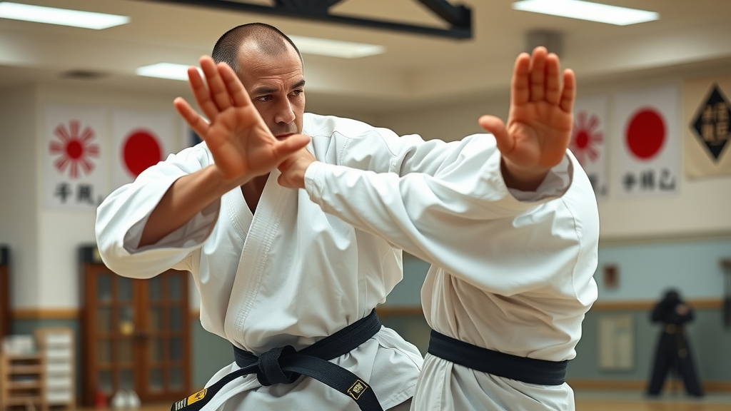 Powerful shotokan karate practitioner performing kata with precise form at a karate dojo near Gurnee IL