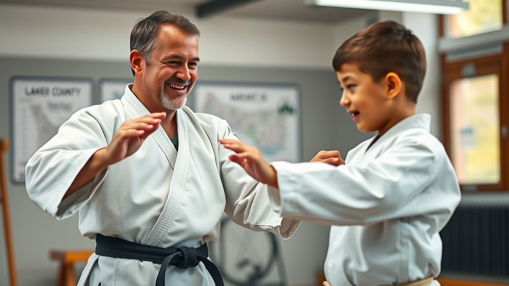 martial arts instructor demonstrating karate technique young student lake county il