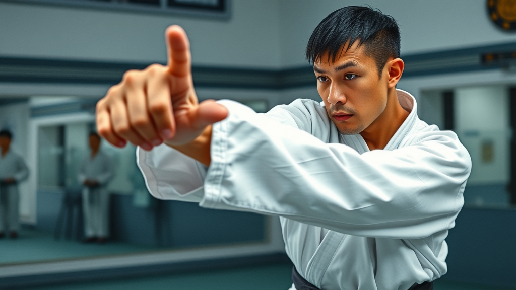 Karate practitioner performing Tsuki punch, showcasing speed and power in Okinawan Karate techniques