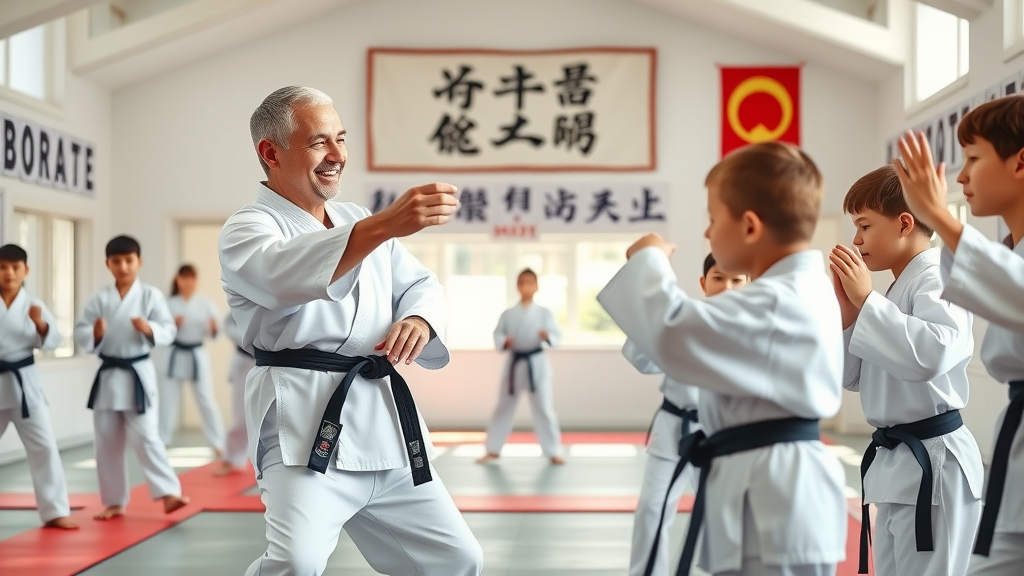 martial arts instructor in Gurnee guiding children in shotokan karate stances, karate dojo, martial arts club