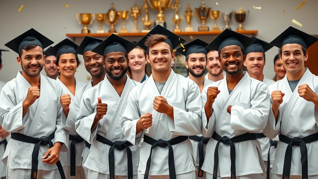 Proud diverse martial arts graduates holding black belts, celebrating successes at Gurnee