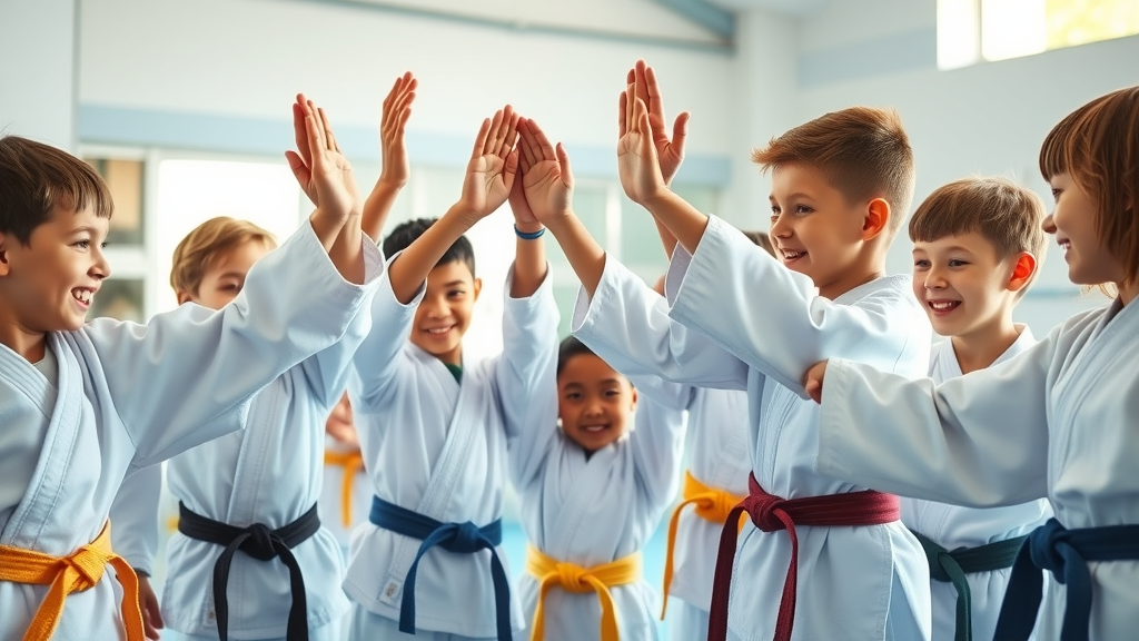Happy children high-fiving after a martial arts drill in a sunlit Lake County dojo, smiling, celebrating teamwork and achievement