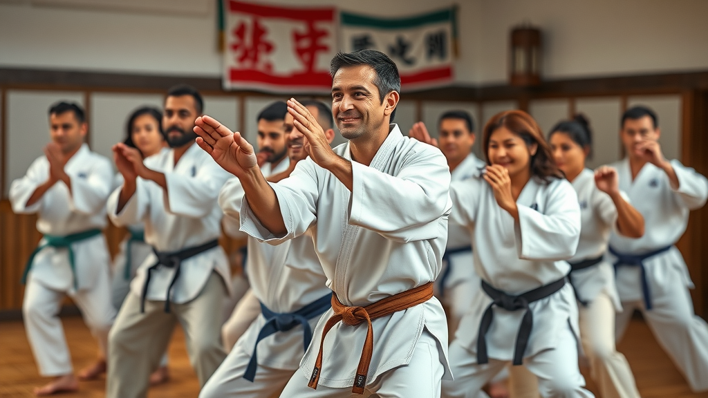 inspirational group practicing traditional Okinawan Karate in a dojo performing kata