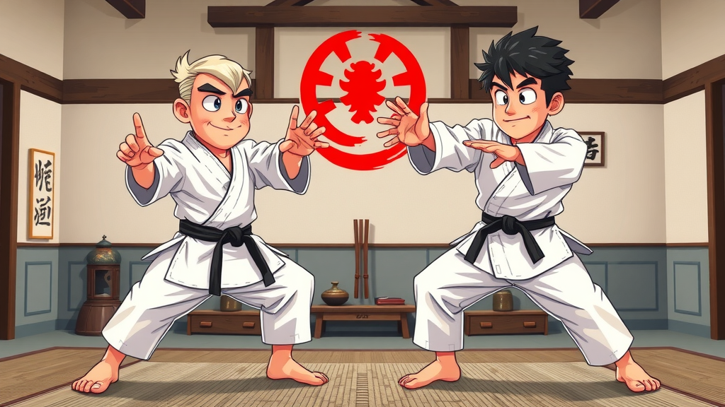 comparison of traditional Okinawan karate style vs modern Japanese karate showing clear differences in stances and attire