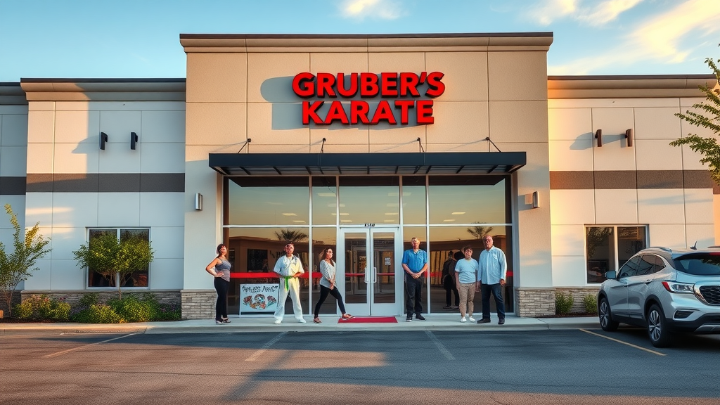 Modern martial arts facility exterior with Gruber’s Karate signage and welcoming families in Lake County, morning light