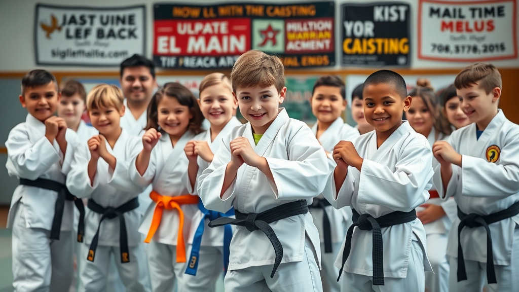 Diverse group children and adults in martial arts uniforms Lake County Illinois practicing defensive techniques