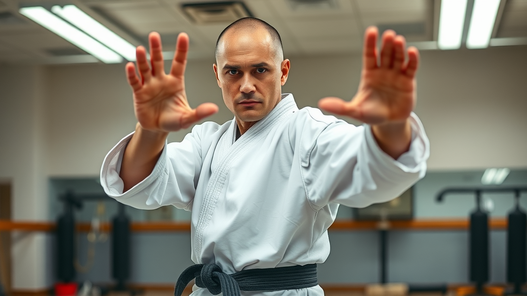 Karateka in Shiko-dachi stance demonstrating Okinawan Karate techniques