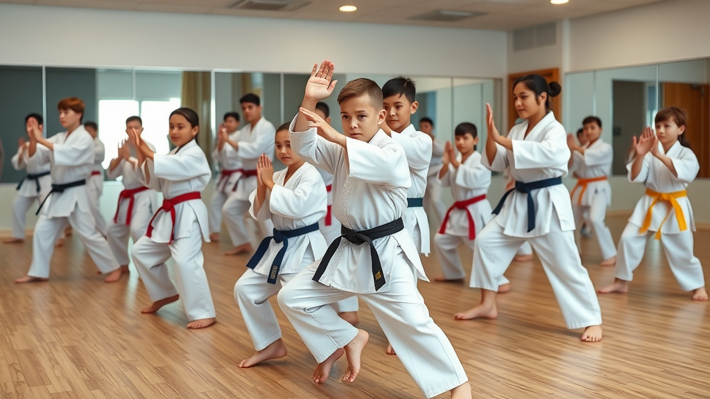 Vibrant martial arts class with children and adults demonstrating synchronized karate kata at a martial arts school in Gurnee, high detail, photorealistic modern dojo, energetic postures, crisp focus, soft diffused lighting.