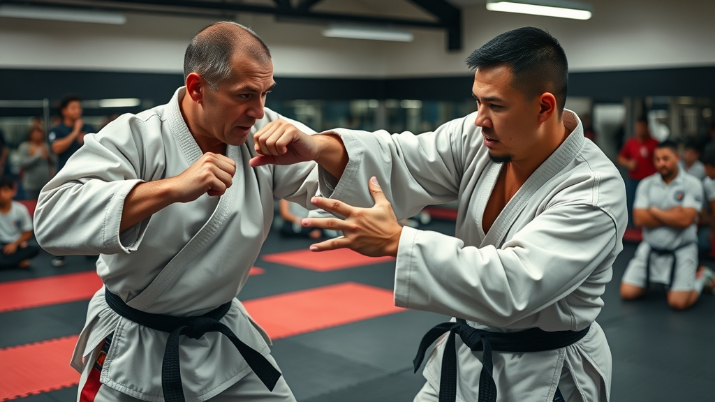 Intense martial arts demonstration in Lake County Illinois featuring adults performing grappling and striking techniques with determined expressions.
