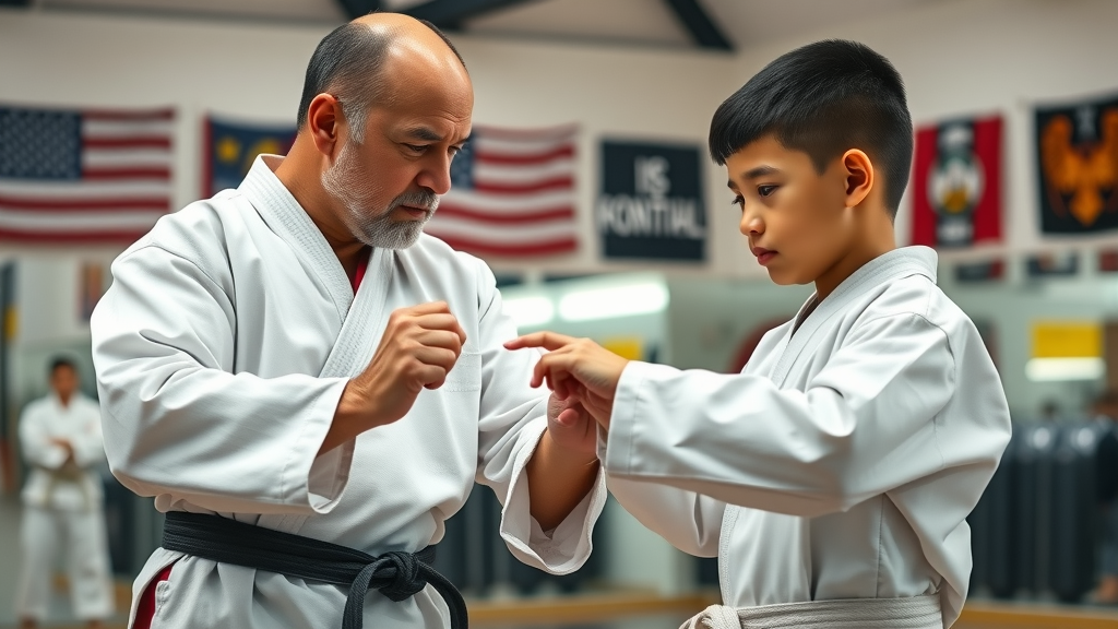 Karate instructor provides personalized instruction to young student in Okinawan Karate Gurnee IL dojo