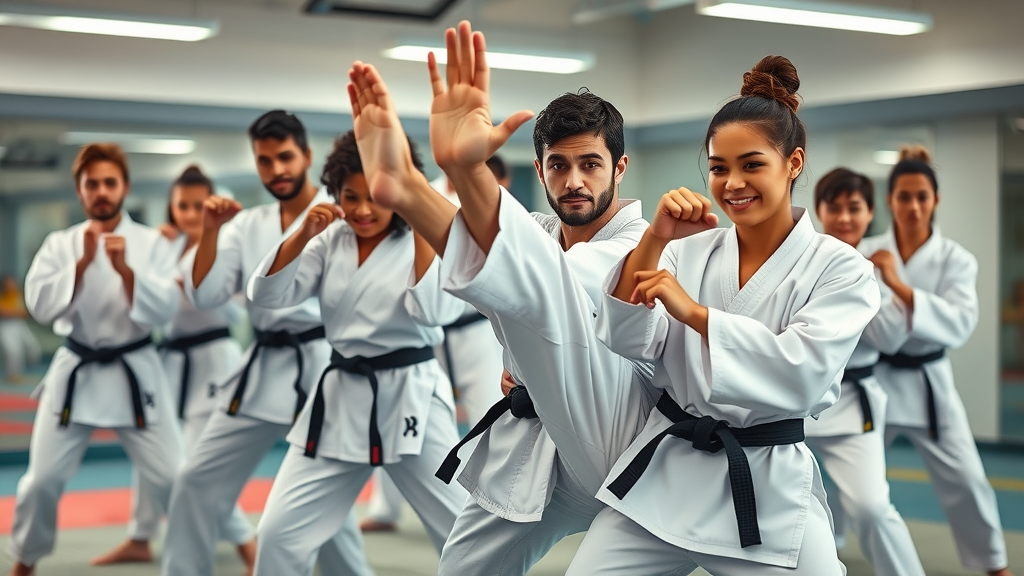 Empowering diverse group practicing karate self-defense Gurnee, demonstrating techniques in a bright, modern dojo