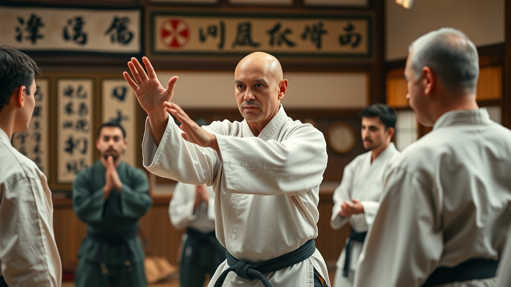 Martial arts instructor teaching isshin shorinji ryu technique to engaged students at a dojo in Gurnee IL