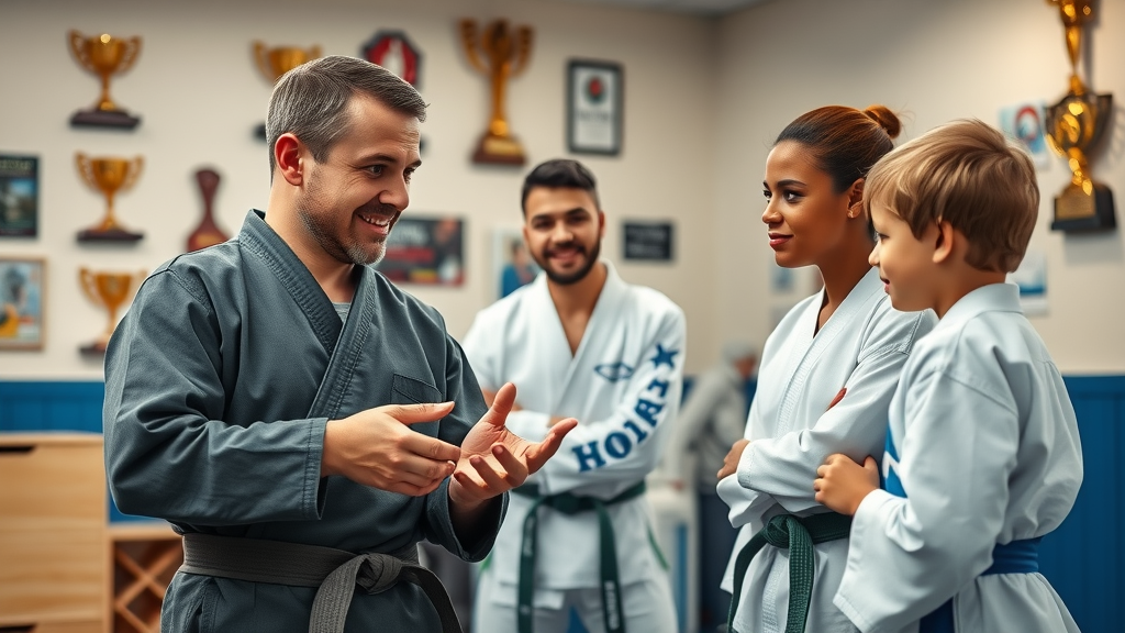 Friendly martial arts instructor calmly talking to parents and child in a warm, trophy-adorned office at Lake County martial arts facility