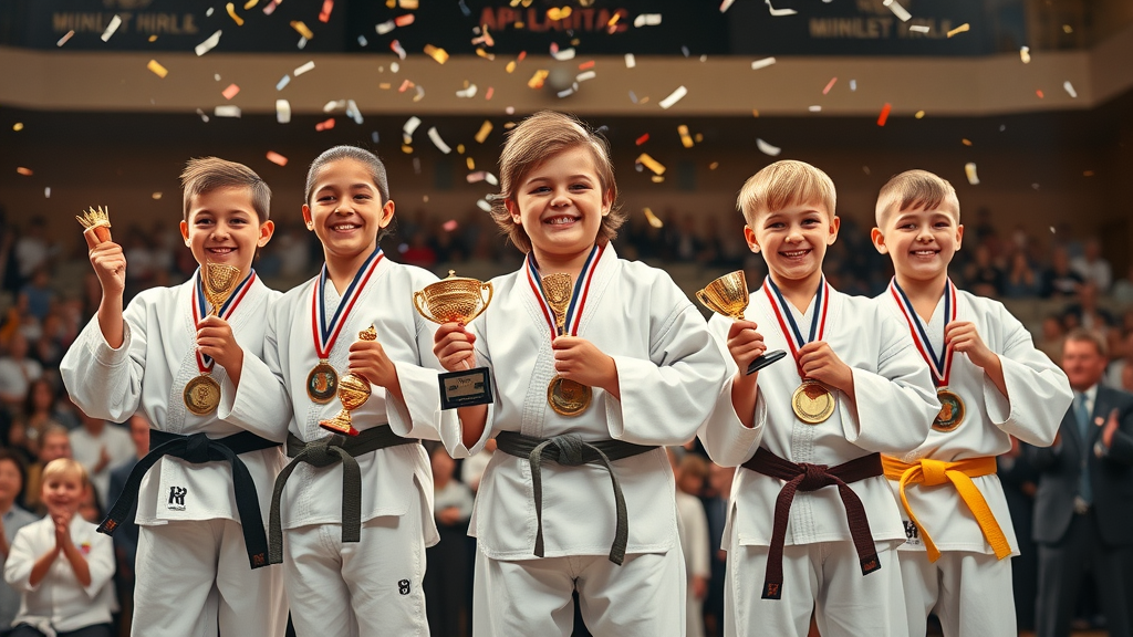 young martial artists smiling with trophies after karate tournaments Gurnee IL, award ceremony, Illinois shotokan karate