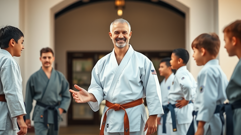 Welcoming martial arts instructor Lake County Illinois greeting young students at dojo entrance