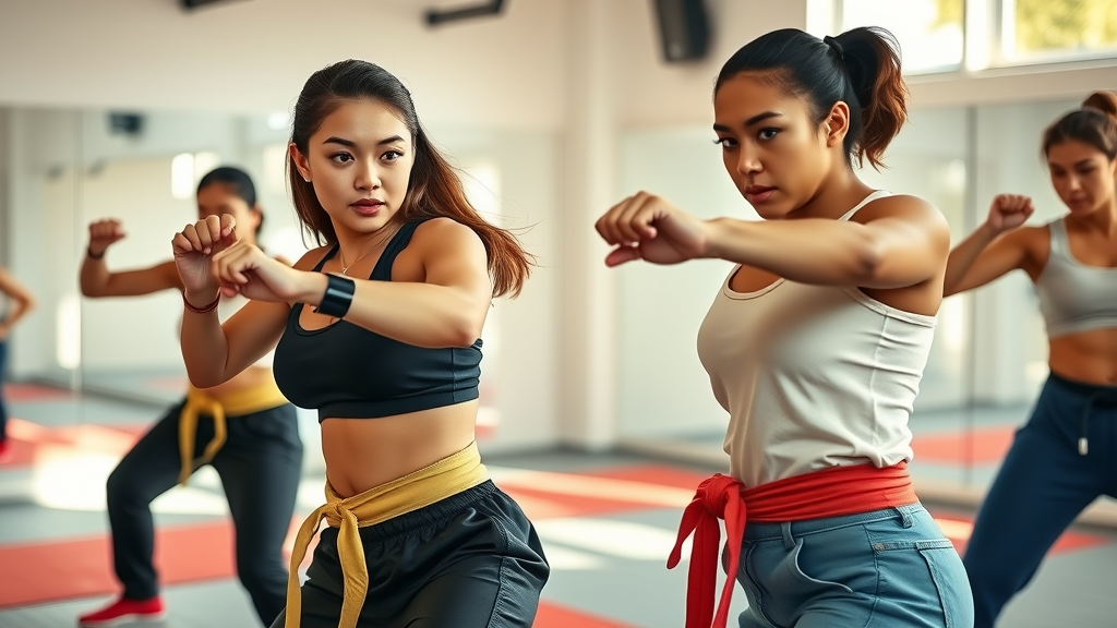 Confident diverse women practicing self-defense martial arts Lake County IL, demonstrating blocking and striking postures, sunlit martial arts studio