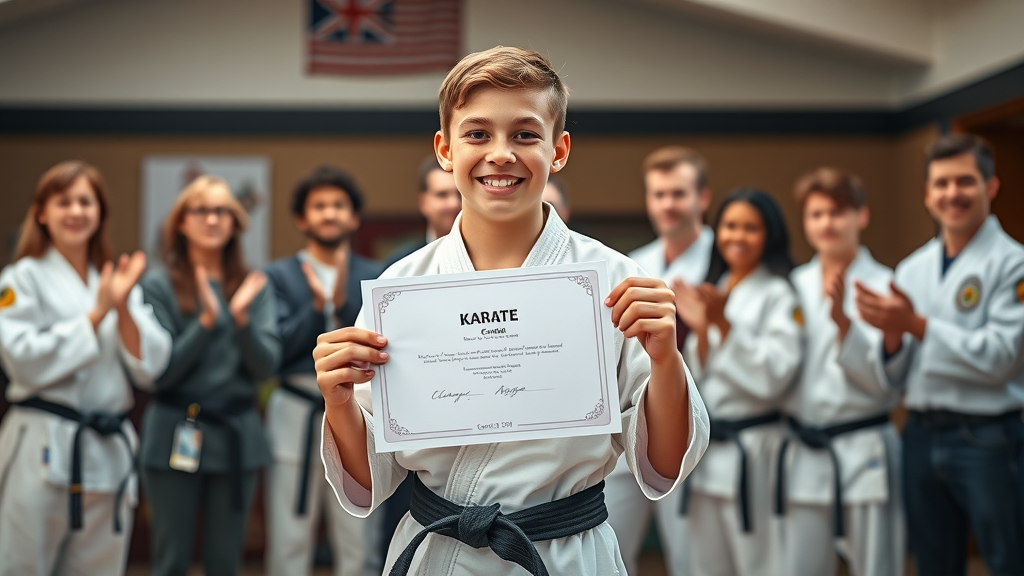 Teen earning black belt at a karate dojo near Gurnee IL, celebrated by sensei and peers