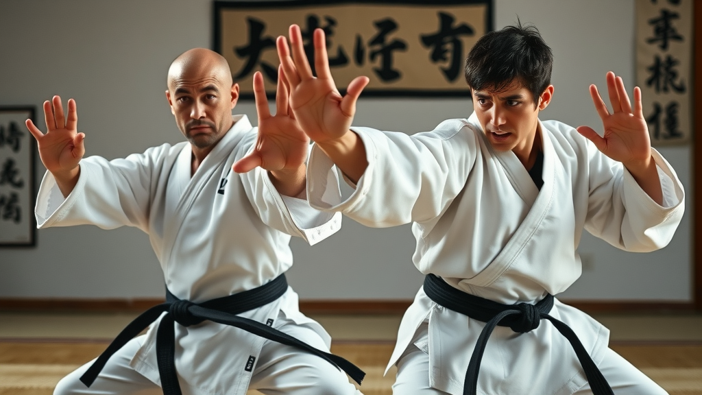 karate practitioners intensely performing kata in minimalist dojo; core elements of Okinawan martial arts training