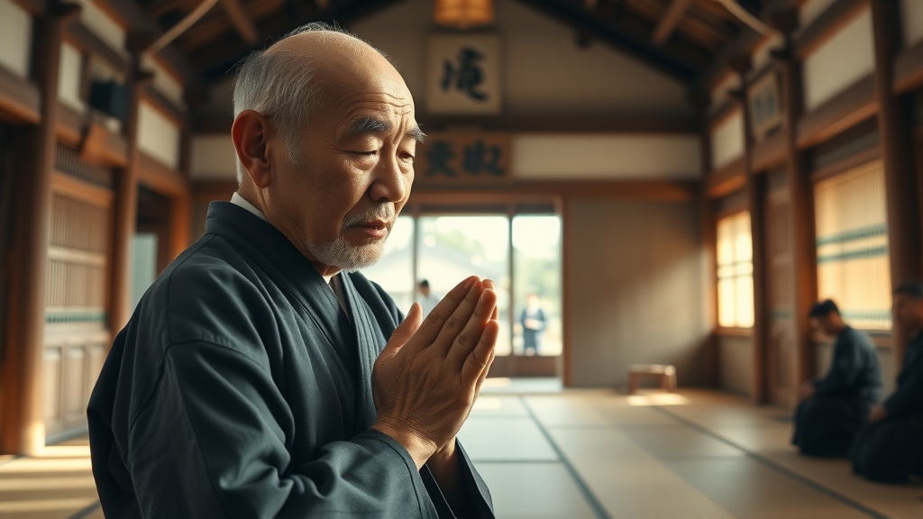 Historic Okinawan karate dojo with elderly sensei bowing, traditional tatami and bamboo details