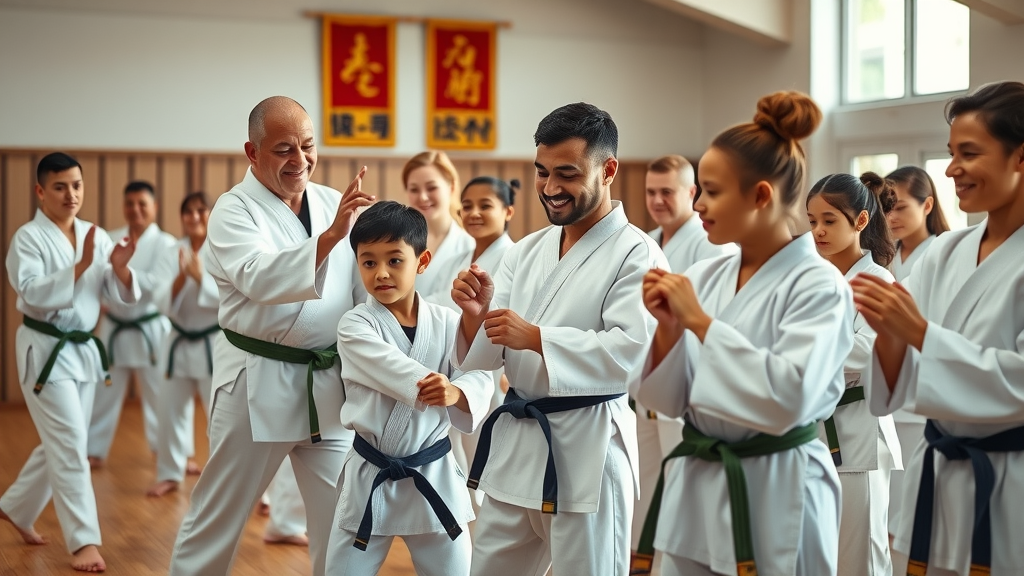 Okinawan Karate instructors Illinois teaching diverse group of students, modern dojo, traditional banners, warm sunlight, sensei correcting child’s stance