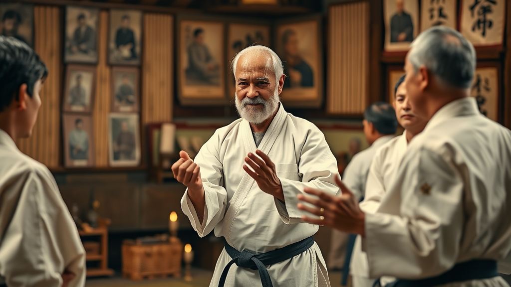 Okinawan karate master demonstrating ancient techniques to students in historic dojo