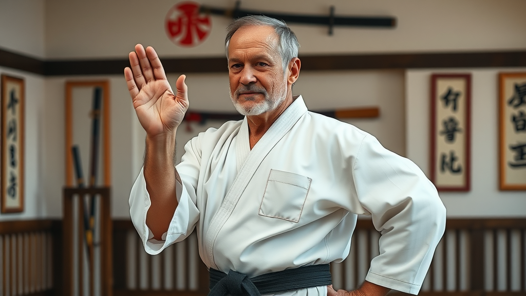 Distinguished Okinawan Karate instructor Illinois, chief instructor performing traditional bow, classic dojo with Okinawan weapons