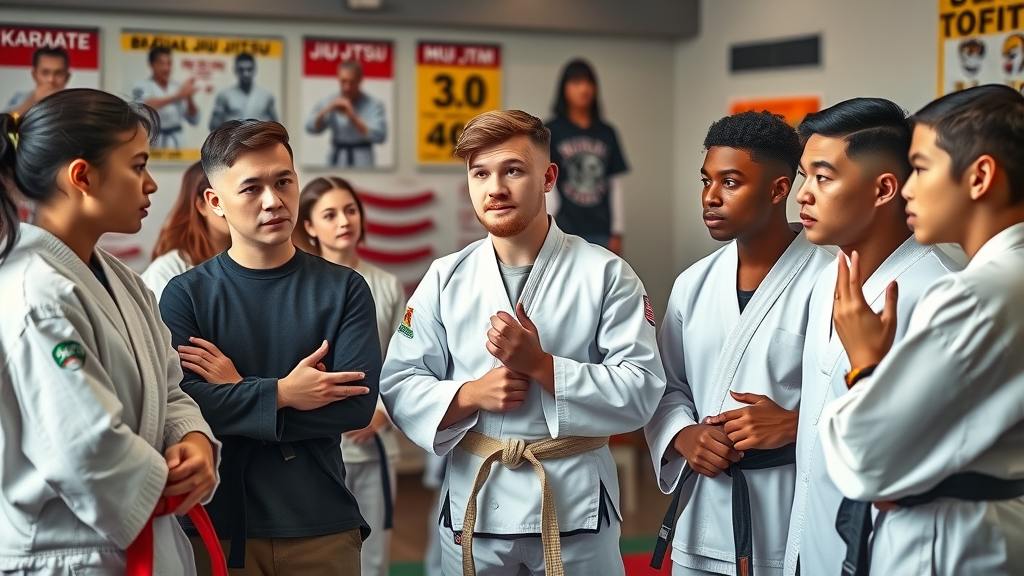 Teens and adults comparing Karate, Brazilian Jiu Jitsu, and Muay Thai at martial arts academy in Lake County IL