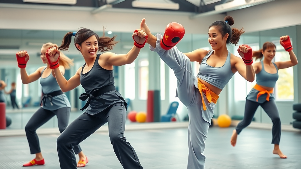 Energetic women practicing martial arts kicks in Lake County IL, joyful expressions, synchronized motion, mirrored gym background