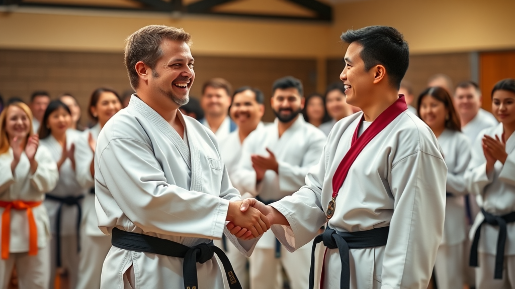 Proud student receiving black belt from martial arts instructor at karate classes Gurnee Illinois with family clapping