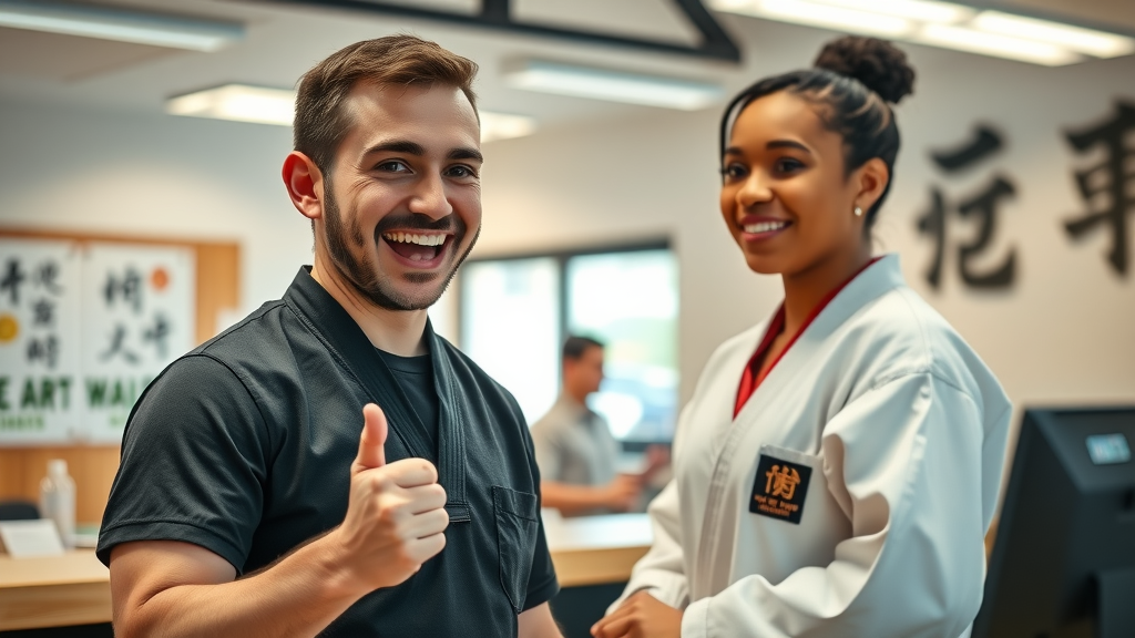 Excited new student signing up for martial arts trial at dojo front desk in Lake County IL