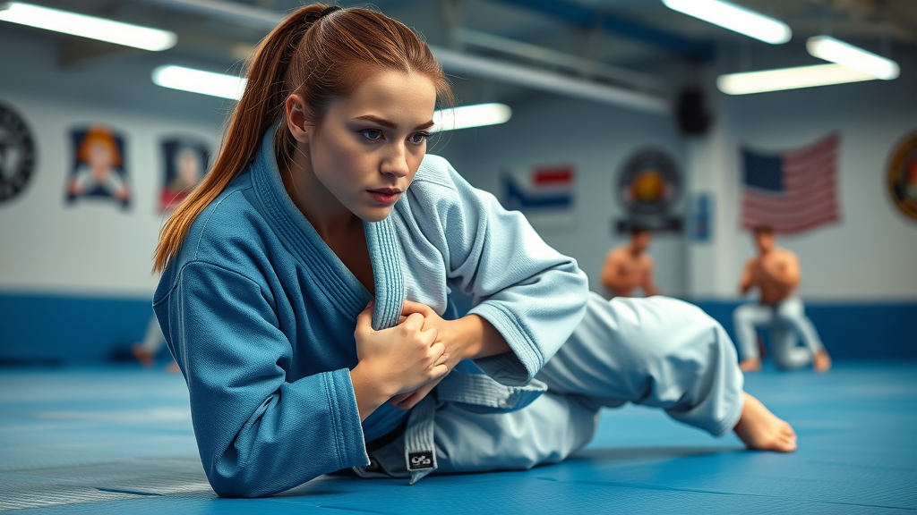 Athletic woman performing Brazilian jiu jitsu hold in Lake County IL martial arts class, demonstrating self-defense leverage, focused expression