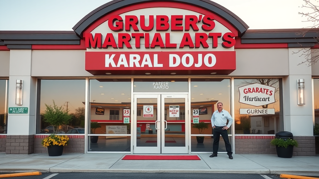 Inviting entrance to Gruber’s Karate martial arts school Gurnee Illinois for karate classes, friendly welcome