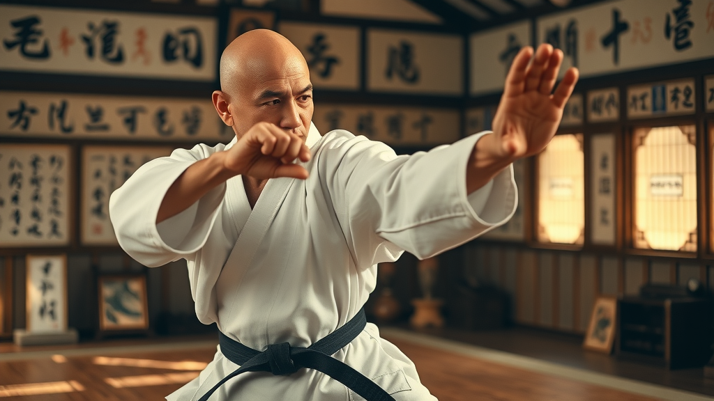 Inspiring Karate lineage, traditional Okinawan master, demonstrating ancient kata movement, Gurnee IL Okinawan Karate, highly detailed historical dojo.