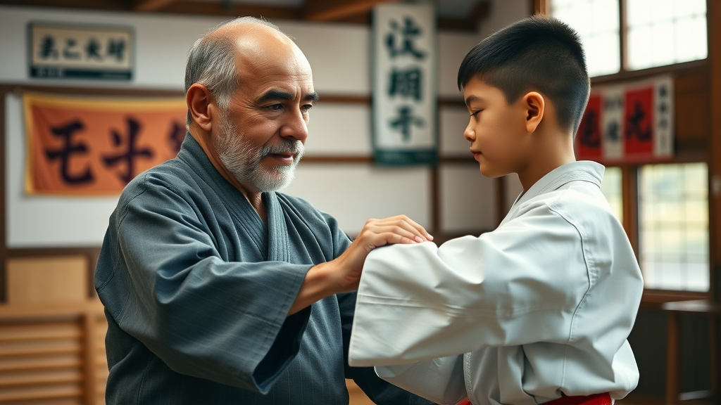 Sensei Gruber guiding a young student in a correct karate stance at a Gurnee martial arts school, traditional dojo decor, gentle teacher, high detail.