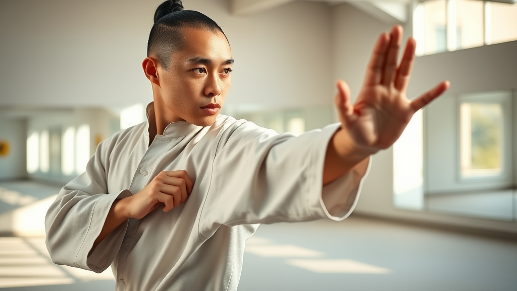 kung fu lake county il inspiring adult martial artist performing an elegant kung fu stance in a modern sunlit studio